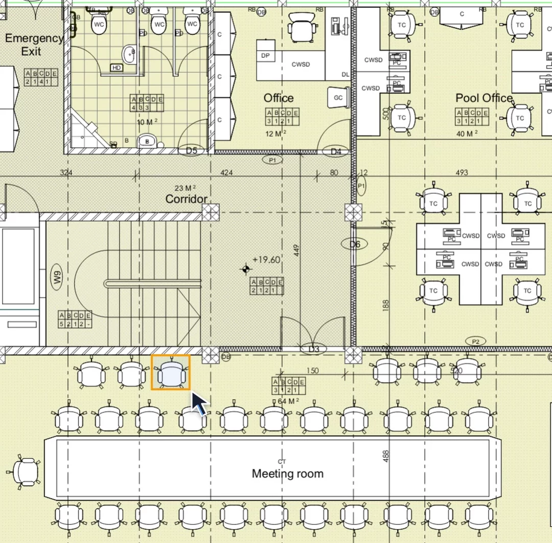 Una silla marcada como ejemplo en el plano de la sala de reuniones.
